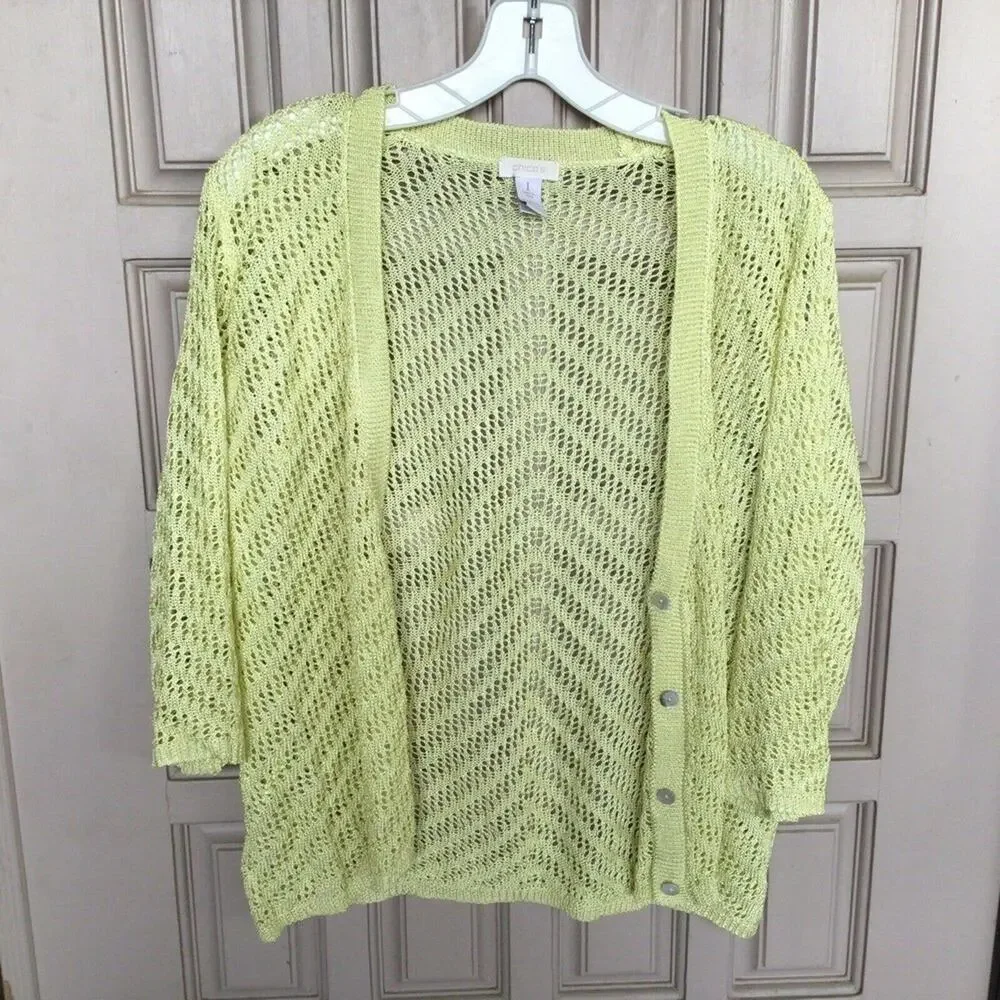 Chico's Sweater Sz1 Cardigan Yellow Open Knit V Neck Buttons 3/4 Sleeve Used